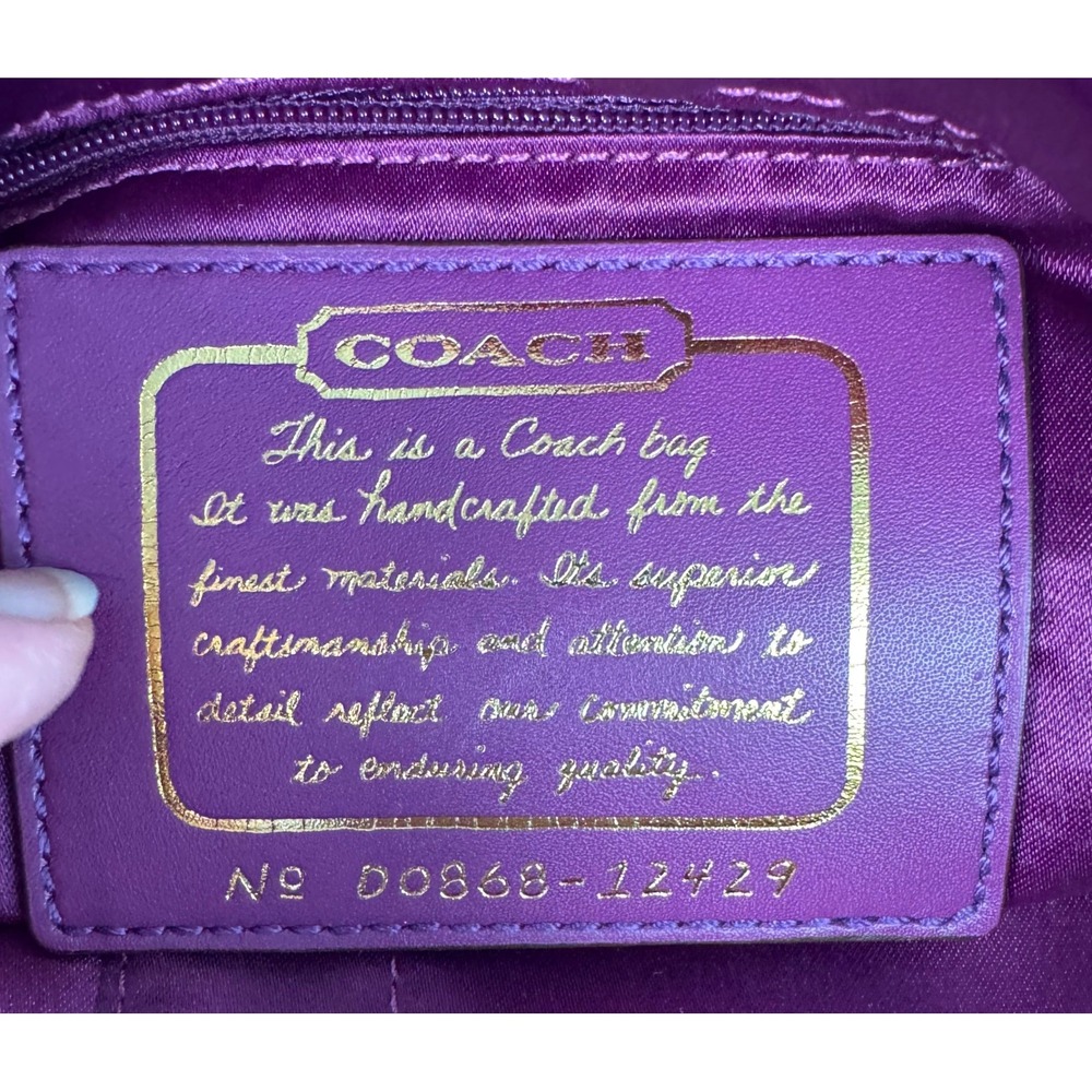 Coach Signature Stripe Tote Women Medium Khaki Purple Patent Leather 12429 Y2K - Picture 7 of 14